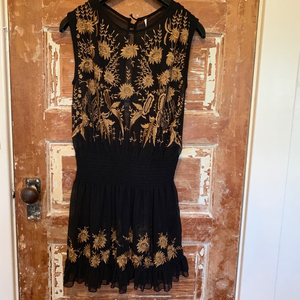 FREE PEOPLE Gold Black Embroidered Dress